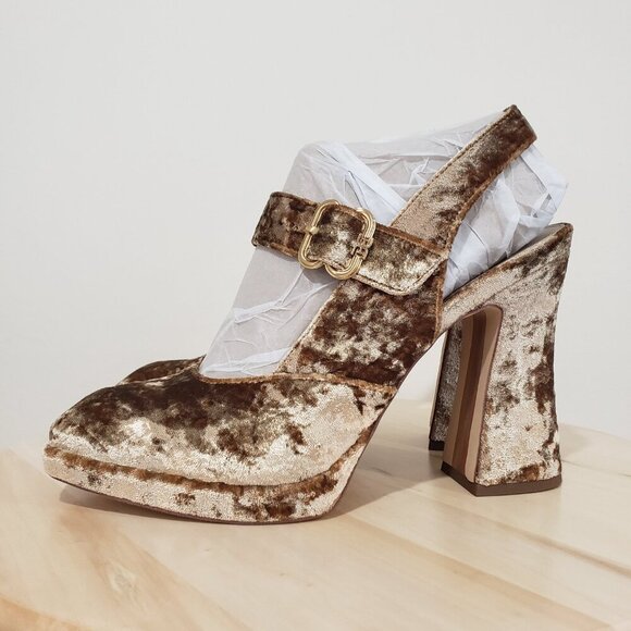 Sam Edelman Jildie Slingback Mary Jane Heel Size 10 Sand Crushed Velvet Retro - Picture 3 of 15